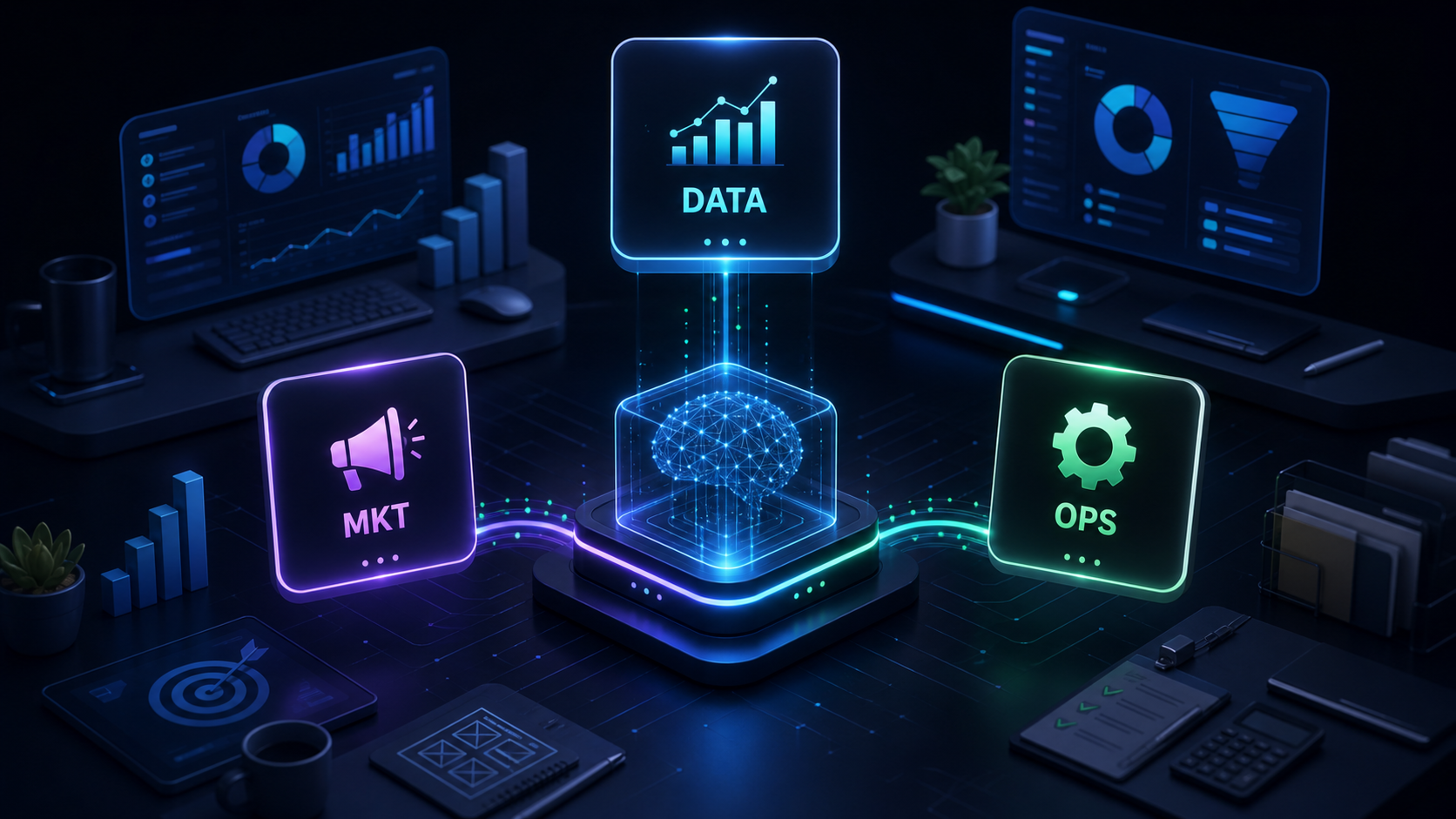 Módulos de IA para equipos de datos, marketing y administración conectados a un núcleo central