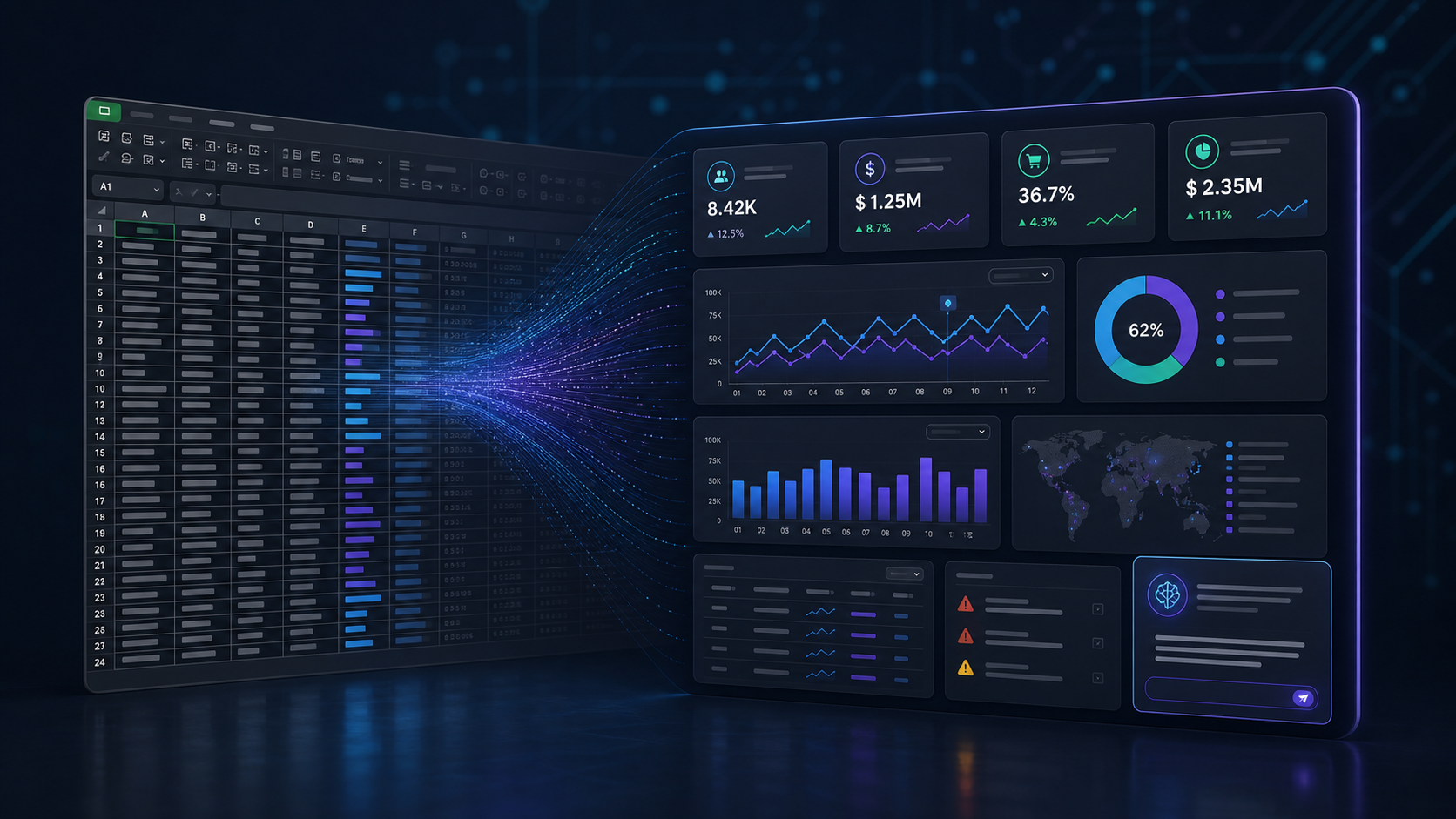 Hoja de cálculo transformándose en dashboard ejecutivo con indicadores, alertas y análisis de IA